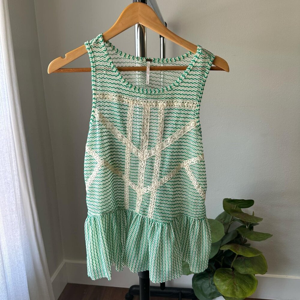 Womens Free People Green & Ivory Lace and Stripe Crochet Peplum Tank Blouse S